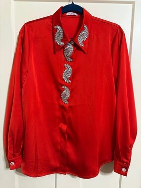 NWOT LaRosa Red Embellished Button-Up Blouse Silk Likw